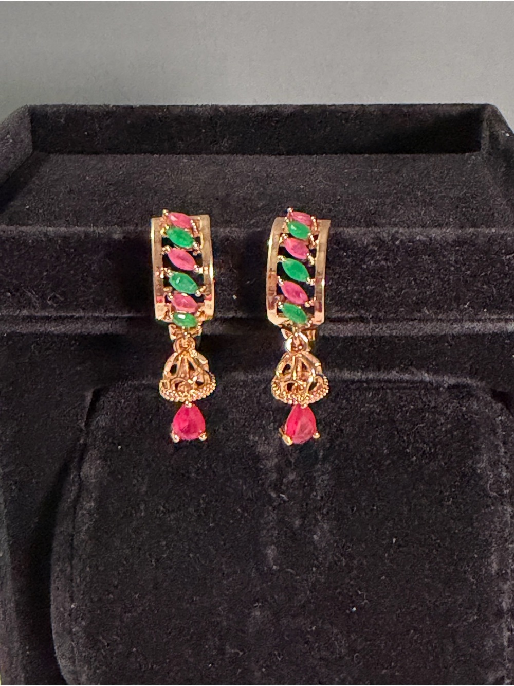 Gold-Tone Green & Pink Drop Earrings